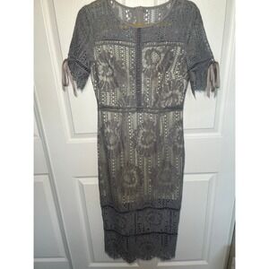Grey Lace Midi Dress with Floral Detail